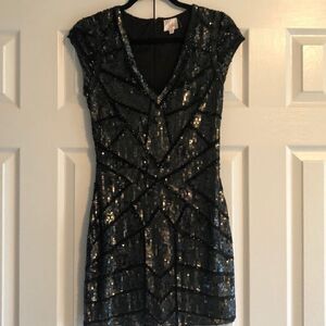 PARKER Black Sequins Cocktail V Neck Short-sleeve Dress Size XS